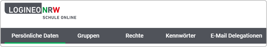 Mein Konto Übersichtsleiste (Persönliche Daten, Gruppen, Rechte, Kennwörter, E-Mail Delegationen)