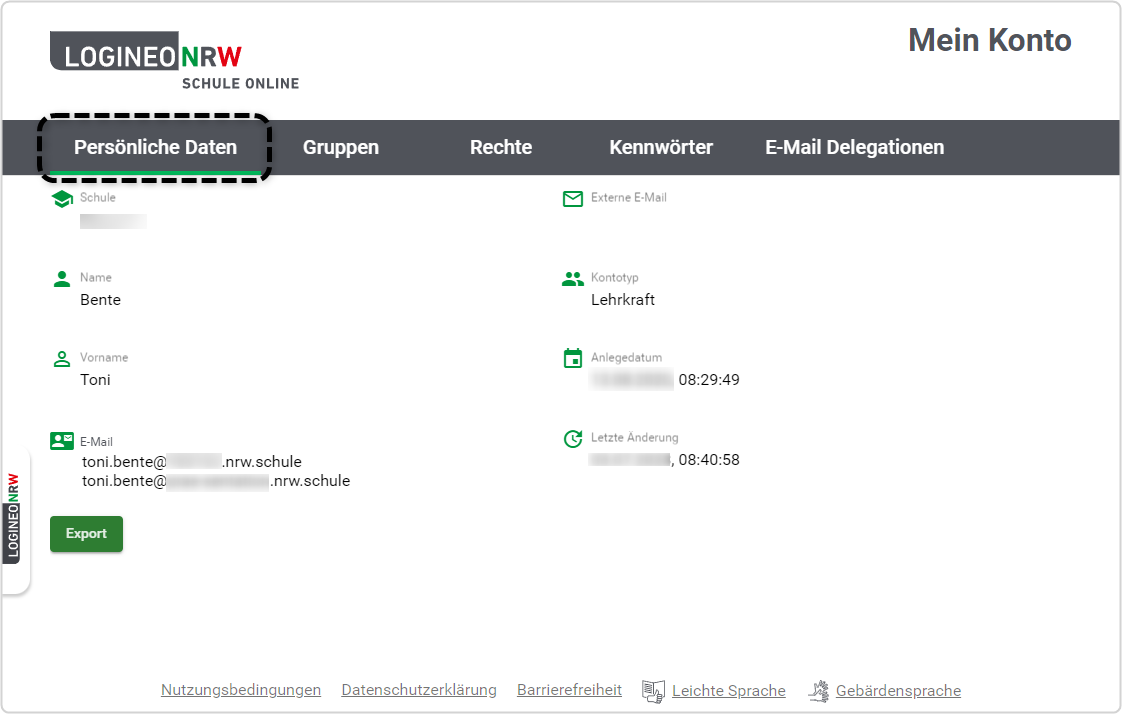 "Mein Konto", Reiter "Persönliche Daten" markiert