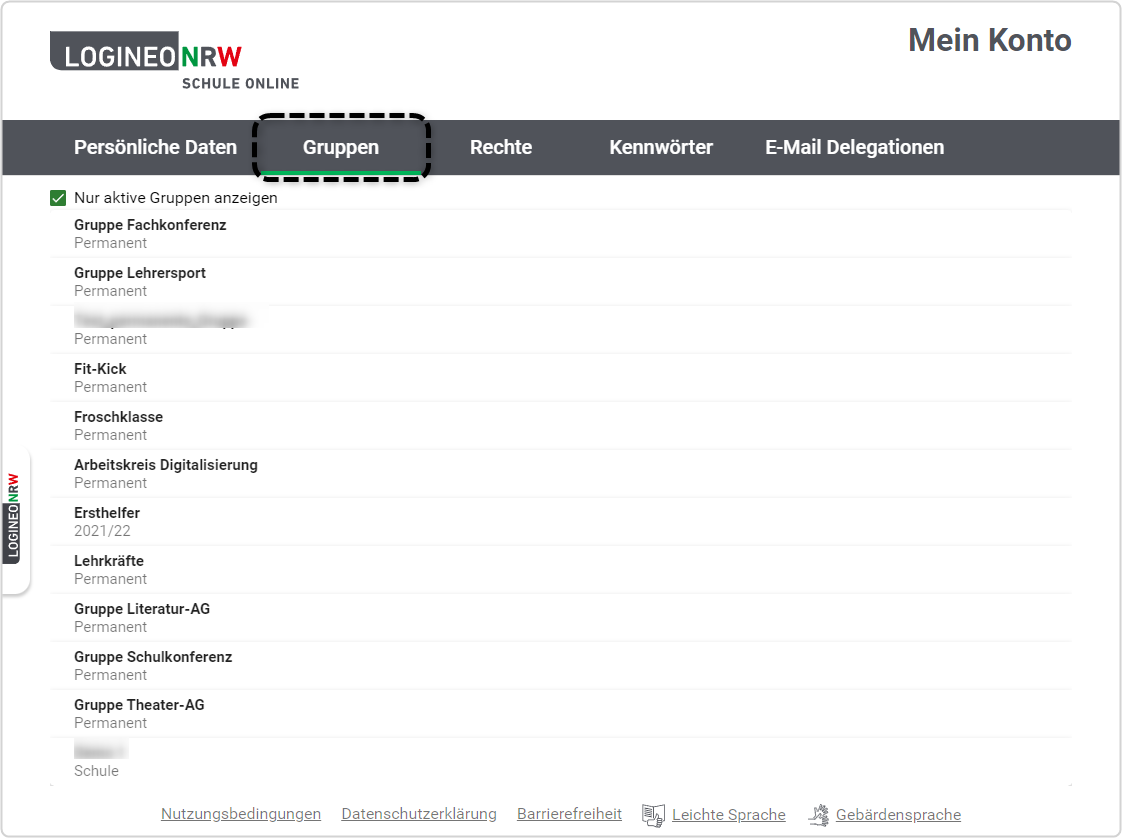 "Mein Konto", Reiter "Gruppen" markiert