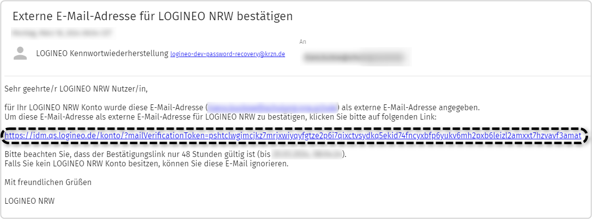 Auf diesem Bild ist der Bestätigungslink zu sehen, welcher an die externe E-Mail-Adresse verschickt wird.