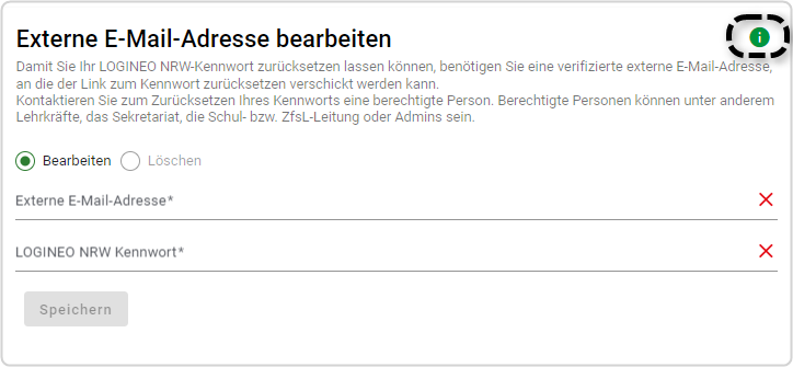 Option zur Hinterlegung der externen Email Adresse.