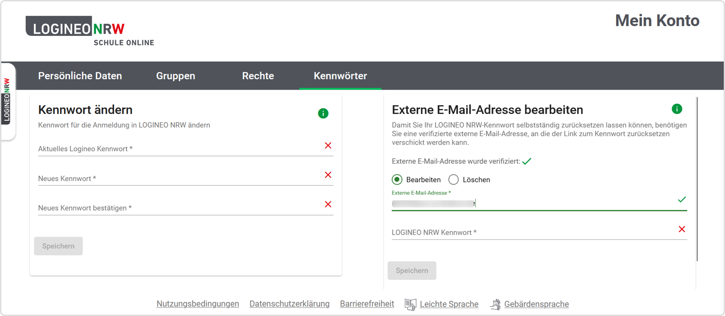 Auf diesem Bild ist die wird die verifizierte E-Mail-Adresse im Bereich "Kennwörter" angezeigt.