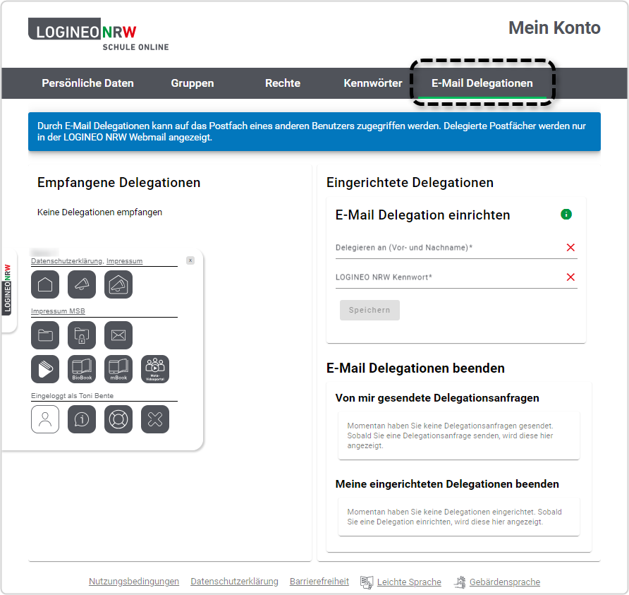 Bereich "Mein Konto", Reiter "E-Mail Delegationen"