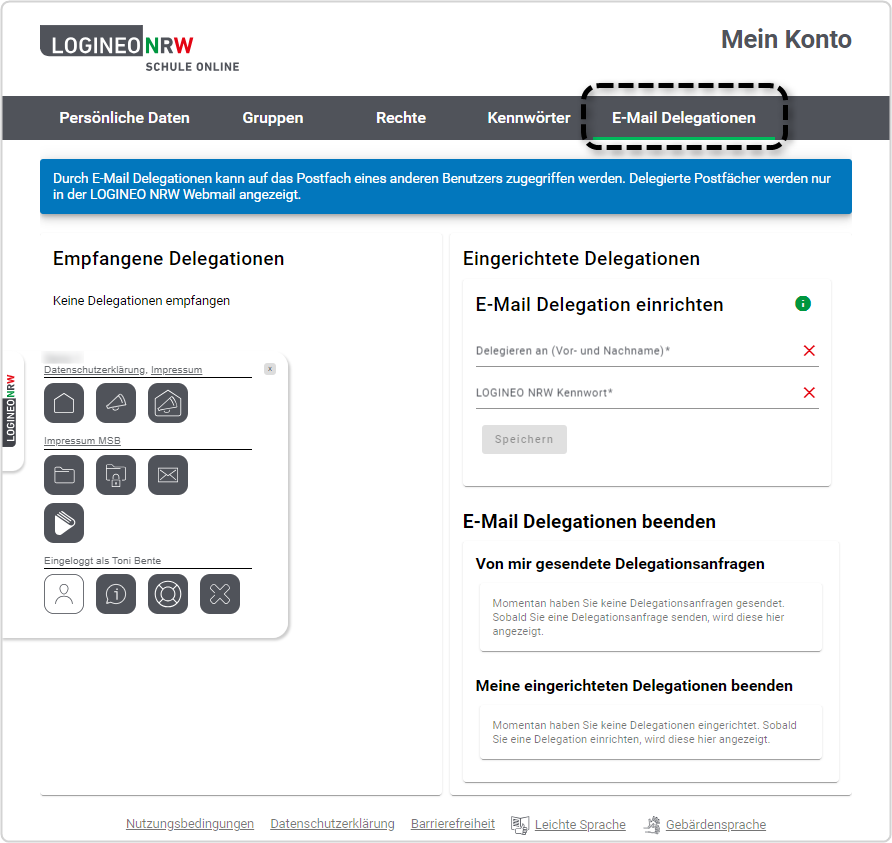 Bereich "Mein Konto", Reiter "E-Mail Delegationen" markiert