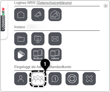 Flyout ausgeklappt, als Admin eingeloggt, Benutzerverwaltung markiert mit Ziffer 1