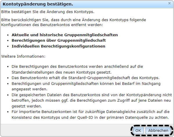 Hinweistext zur Kontotypänderung, Buttons "OK" und "Abbrechen" markiert