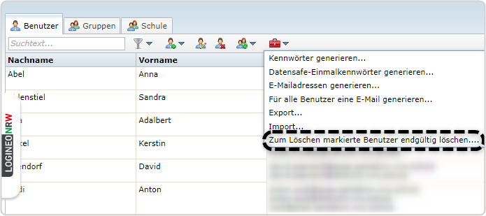Benutzerevrwaltung, Reiter "Benutzer", roter Werkzeugkoffer, Auswahl "Zum Löschen markierte Benutzer endgültig löschen"