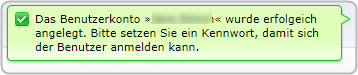Erfolgsmeldung Benutzer angelegt Hinweis neues Kennwort setzen