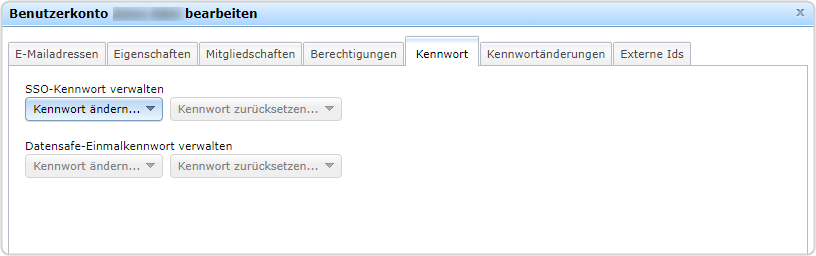 Benutzerkonto bearbeiten Reiter Kennwort, SSO-Kennwort verwalten Kennwort ändern, Datensafe-Einmalkennwort verwalten