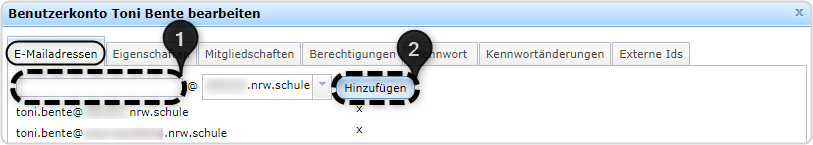 Benutzerverwaltung, E-Mail-Adresse hinzufügen auf Benutzerkarte Toni Bente, Eingabefeld und Button "Hinzufügen" markiert