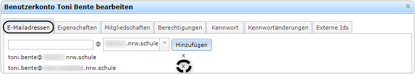 Benutzerverwaltung, Benutzerkonto Toni Bente bearbeiten, E-Mail-Adresse löschen, "x" hinter E-Mailadresse markiert