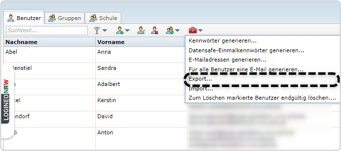 Benutzerverwaltung, Reiter "Benutzer", Roter Werkzeugkoffer, Auswahl "Export" markiert