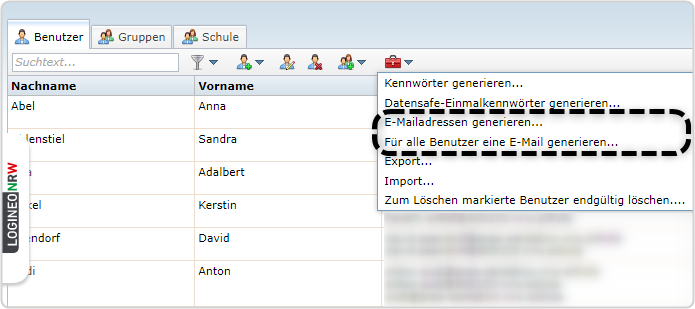 Benutzerverwaltung, Reiter "Benutzer", Auswahl "E-Mailadressen generieren" und "Für alle Benutzer eine E-Mail generieren"