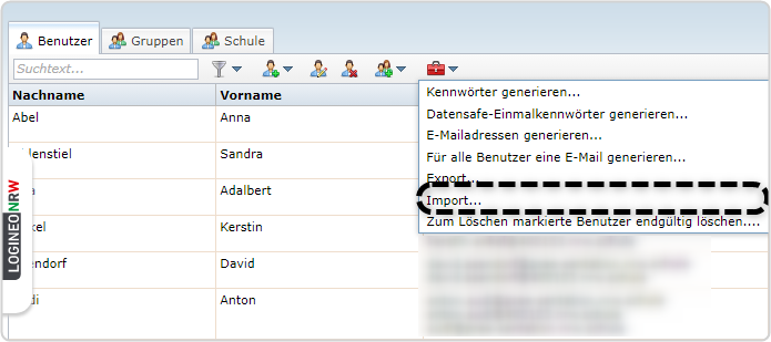 Benutzerverwaltung, Reiter "Benutzer", Roter Werkzeugkoffer, Auswahl  "Import" markiert