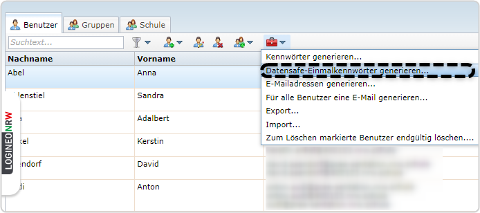 Benutzerverwaltung, Reiter "Benutzer", Roter Werkzeugkoffer Auswahl "Datensafe-Einmalkennwörter generieren"