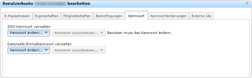 Benutzerkarte, Reiter "Kennwort", SSO-Kennwort verwalten Kennwort ändern, Datensafe-Einmalkennwort verwalten, Kennwort ändern