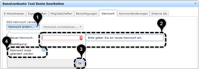 Benutzerkarte Toni Bente, Reiter "Kennwort", Schritte zur Kennwortänderung markiert, mit Zahlen 1-4