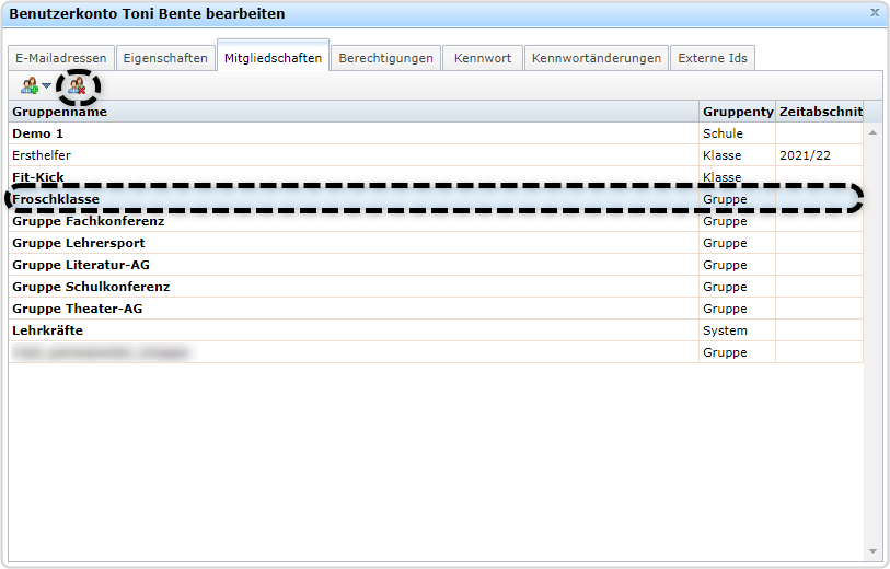 Benutzerverwaltung Benutzerkarte Toni Bente, Button zur Löschung einer Gruppenmitgliedschaft & Gruppe "Froschklasse" markiert