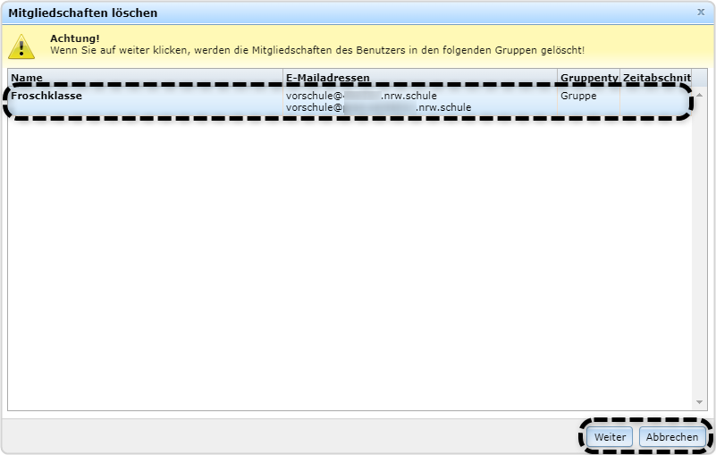 Benutzerverwaltung Benutzerkarte Toni Bente Gruppenmitgliedschaft löschen, Froschklasse markiert, Button "Weiter" & Abbrechen