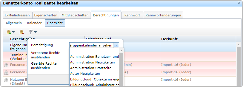 Filter Berechtigung auswählen