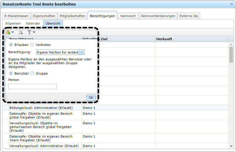 Benutzerkarte Toni Bente, Reiter "Berechtigungen", Bereich "Übersicht", Dialogfeld Recht erlauben, Auswahl Benutzer/Gruppe