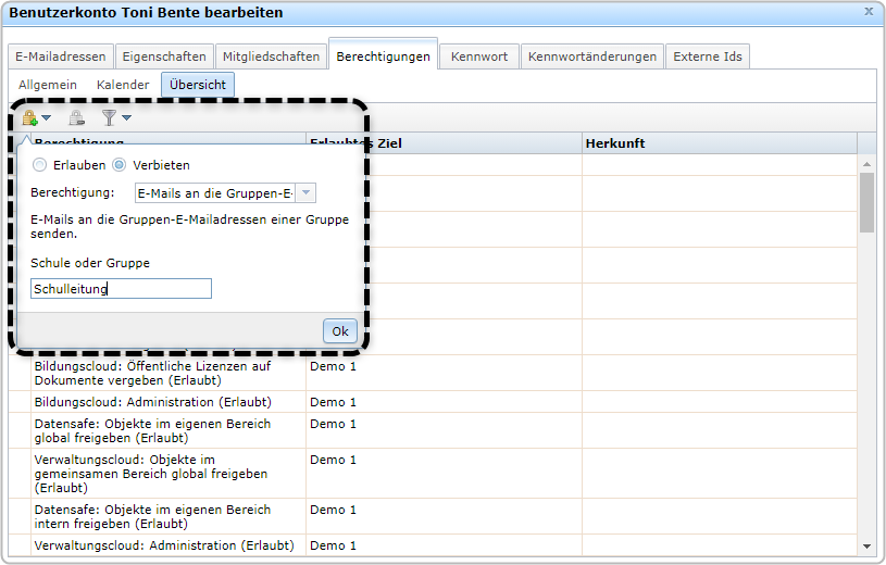 Benutzerkarte Toni Bente, Reiter "Berechtigungen", Bereich "Übersicht", Dialogfenster "verbieten" Gruppe Schulleitung 