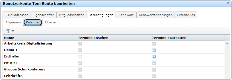 Benutzerkarte Toni Bente, Reiter "Berechtigungen", Bereich "Kalender", Lesebeispiel vererbte Berechtigung Termine bearbeiten