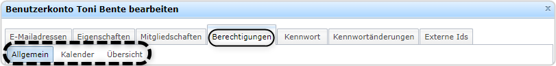Benutzerkarte Toni Bente, Reiter "Berechtigungen" Übersichtsleiste, Bereiche "Allgemein", "Kalender", "Übersicht" markiert