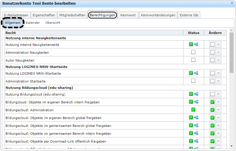 Benutzerkarte Toni Bente, Reiter "Berechtigungen" markiert, Bereicht "Allgemein" markiert 