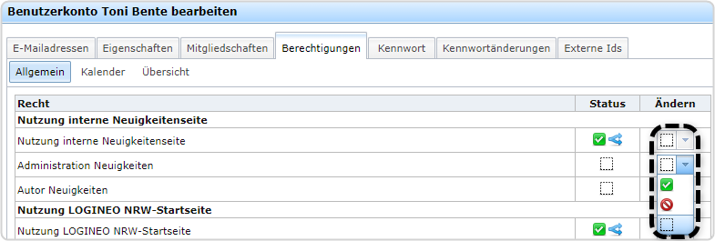 Benutzerkarte Toni Bente, Reiter "Berechtigungen", Bereich "Allgemein", Bereich "Ändern" markiert