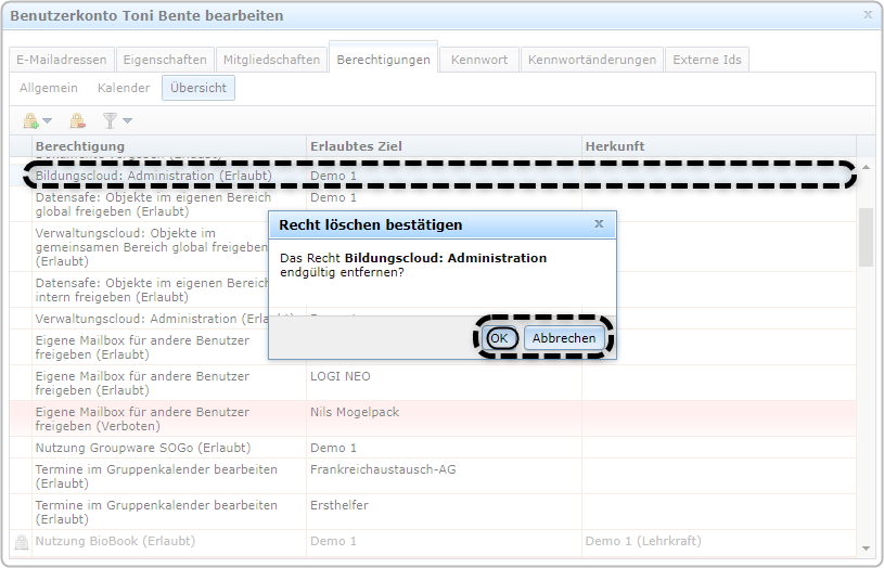 Benutzerkarte Toni Bente, Reiter "Berechtigungen", Bereich "Übersicht", Recht "Administration Bildungscloud löschen" markiert