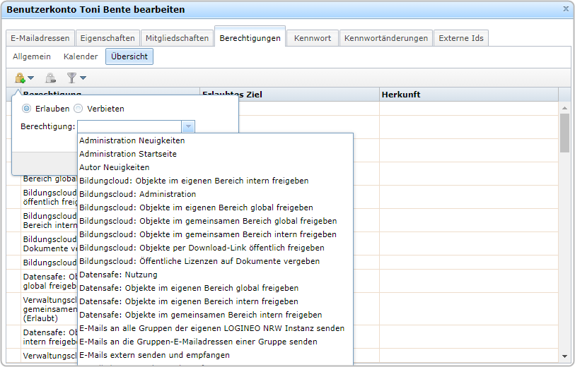 Benutzerkarte Toni Bente, Reiter "Berechtigungen", Bereich "Übersicht", Dropdown Auswahl Berechtigungen erlauben verbieten