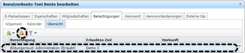 Benutzerkarte Toni Bente, Reiter "Berechtigungen", Bereich "Übersicht, Schloss mit Minus und "Administration Bildungscloud" 