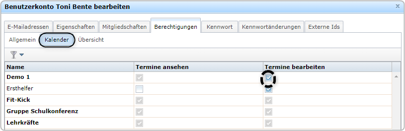 Benutzerkarte Toni Bente, Reiter "Berechtigungen", Bereich "Kalender" markiert, Häkchen bei "Termine bearbeiten"  markiert