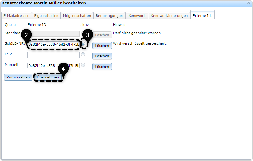 Nr. 2: Id neben Schild-NRW eingetragen, Nr. 3: Auswahl Radiobutton  neben Eingabefeld gefüllt, Nr. 3: "Übernehmen" markiert