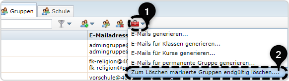 1 Klick auf Werkzeugkoffer 2 Zum Löschen markierte Gruppen endgültig löschen