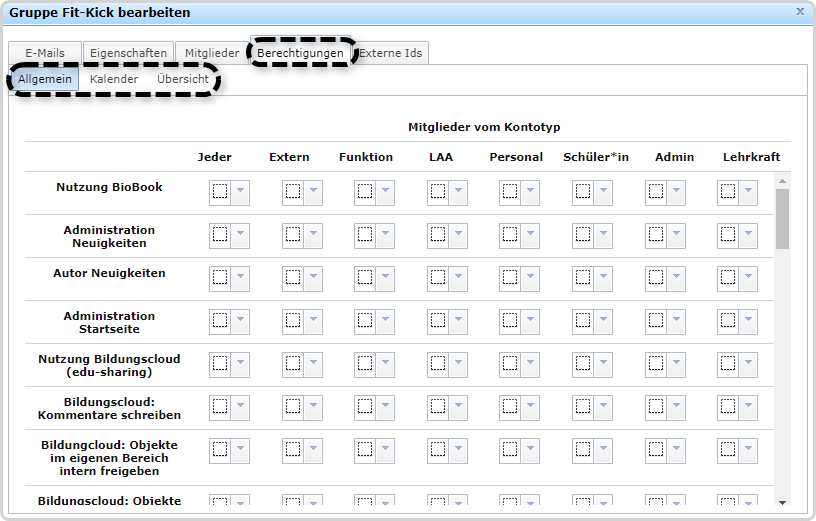 Gruppenkarte Berechtigungen Allgemein Kalender Übersicht markiert