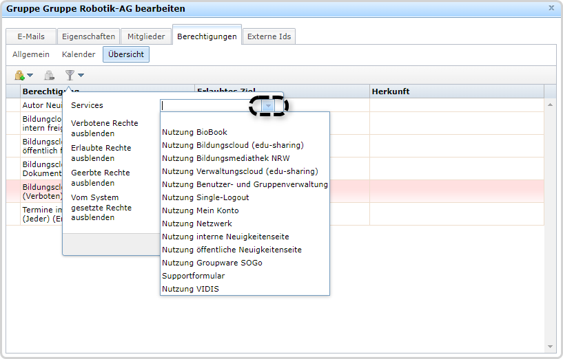 Drop-down-Pfeil markiert neben Services