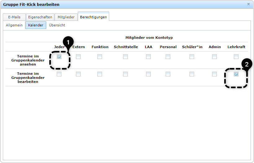 Reiter Berechtigungen Kalender Beispiel Recht Jeder Termine im Gruppenkalender ansehen gesetzt und Recht Termine im Gruppenka