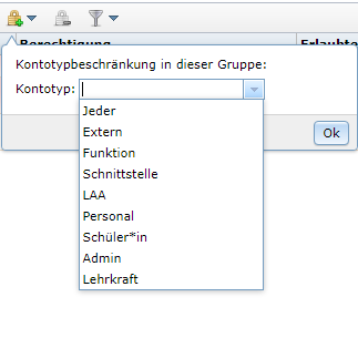 Drop Down Menü Kontotypbeschränkung in dieser Gruppe