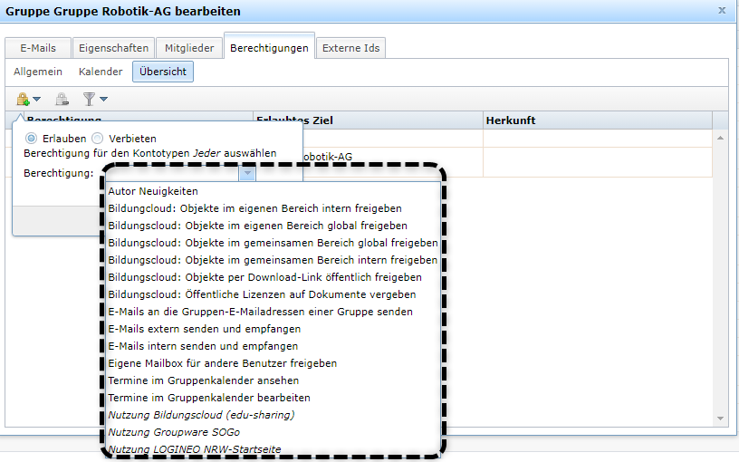  Übersicht Drop-down-Feld Berechtigung