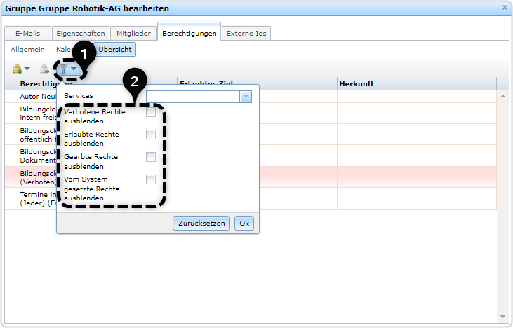 Nr 1: Filter Icon , Nr. 2 Auswahl Checkboxen