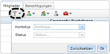 Suchfilter markiert: Kontotyp, Status