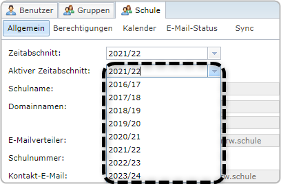 Benutzerverwaltung, Reiter "Schule", Bereich "Allgemein", Dropdown "Aktiver Zeitabschnitt" ausgeklappt und markiert