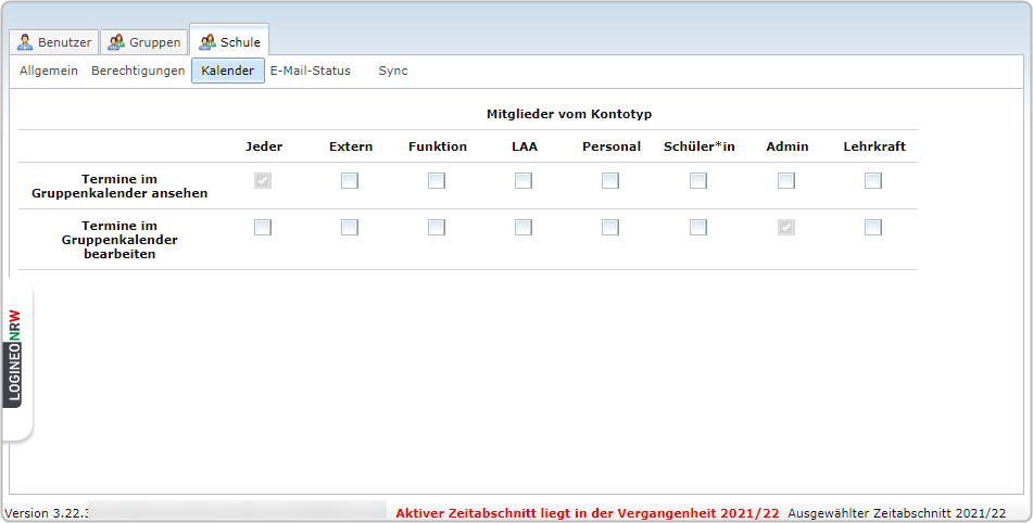 Reiter "Schule", Bereich "Kalender", Übersicht der Checkboxen zur Berechtigung für Mitglieder verschiedener Kontotypen