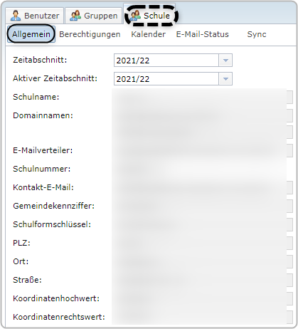 Benutzerverwaltung, Reiter "Schule", Bereich "Allgemein", Übersicht gesamte Informationen zur Schule