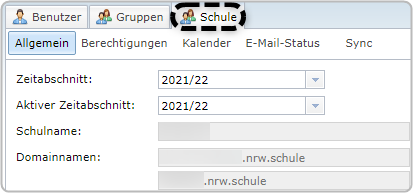 Benutzerverwaltung, Reiter "Schule", Bereich "Allgemein", Übersicht (Zeitabschnitt, Schulname)