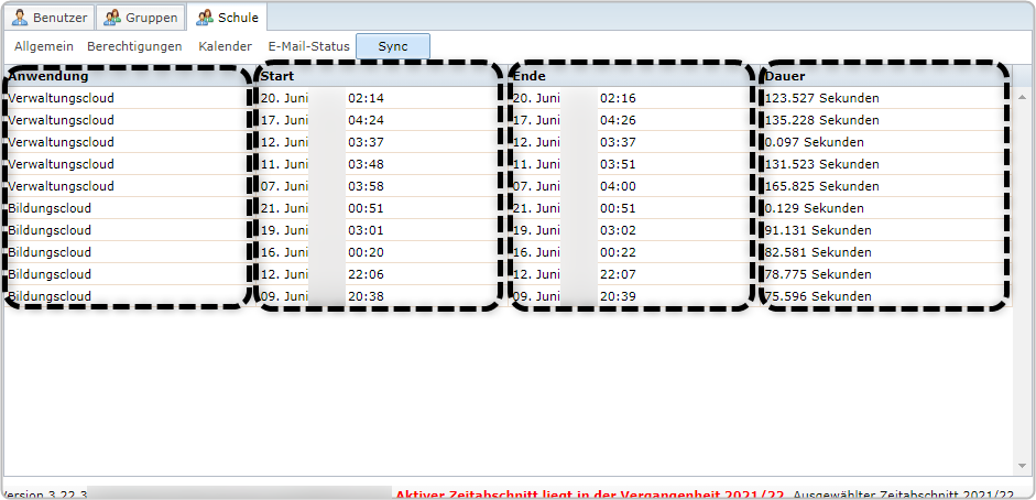 Reiter "Schule", Bereich "Sync", Spalten "Anwendung", "Start", "Ende", "Dauer" markiert