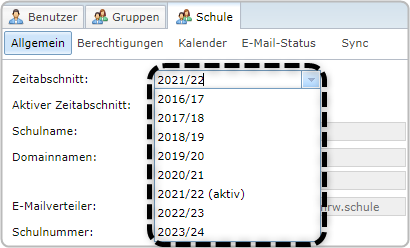 Benutzerverwaltung, Reiter "Schule", Bereich "Allgemein", Dropdown "Zeitabschnitt" ausgeklappt und markiert