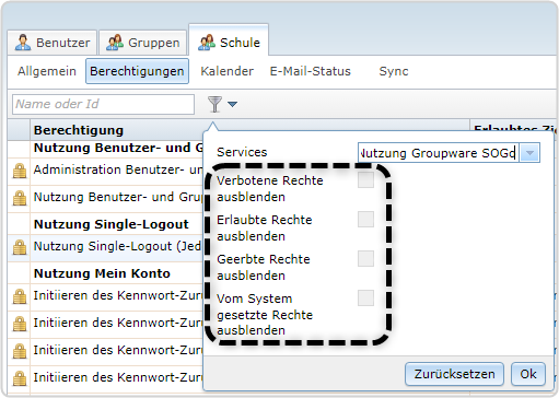 Reiter "Schule", Service "Nutzung Groupware" ausgewählt, Rechte ausblenden (Checkboxen) markiert